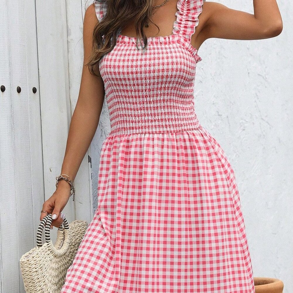 Multicolor Boho Women's Elegant Houndstooth Print Dress With Spaghetti Straps - Picture 7 of 7